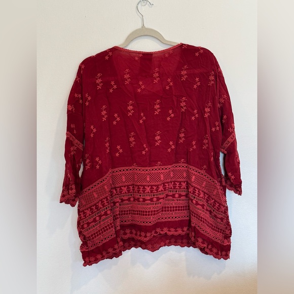 Johnny Was red wine burgundy Oxblood lace embroidered tunic top blouse. - Picture 3 of 6